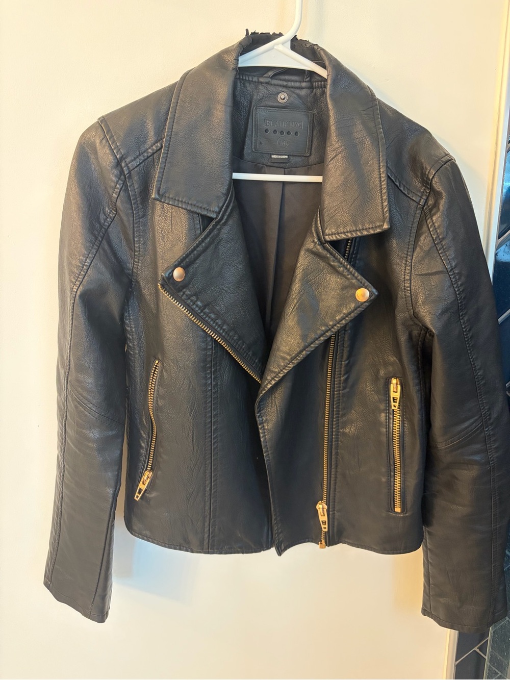 Blank NYC Black Leather Moto Jacket with Gold Zippers